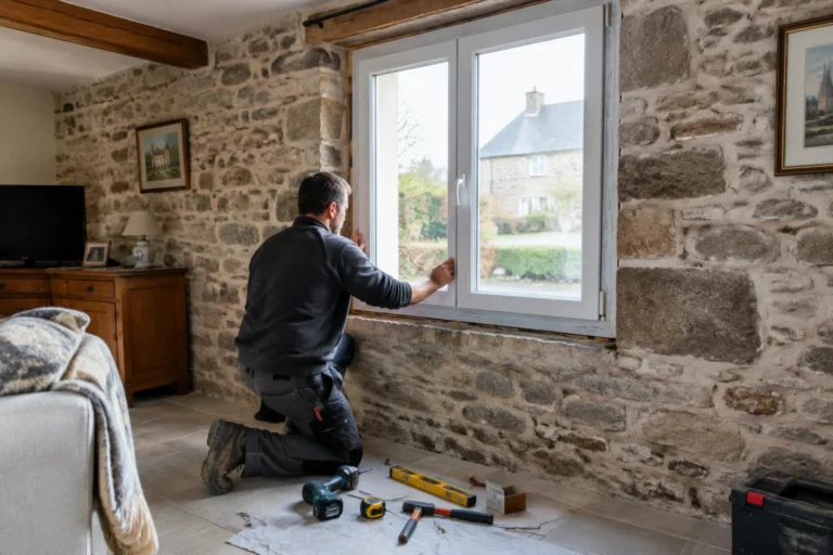 Artisan posant une fenêtre PVC neuve dans une maison, illustrant le prix du remplacement d'une fenêtre
