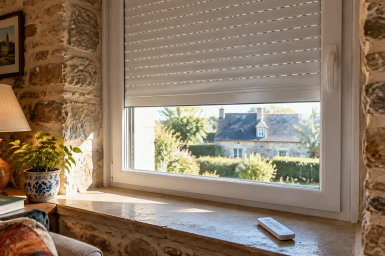 Volet roulant électrique blanc à moitié ouvert sur une fenêtre de maison normande