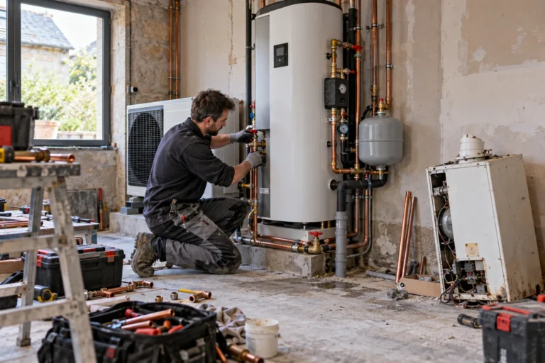 Installateur raccordant une pompe à chaleur à la place d'une ancienne chaudière gaz dans une maison