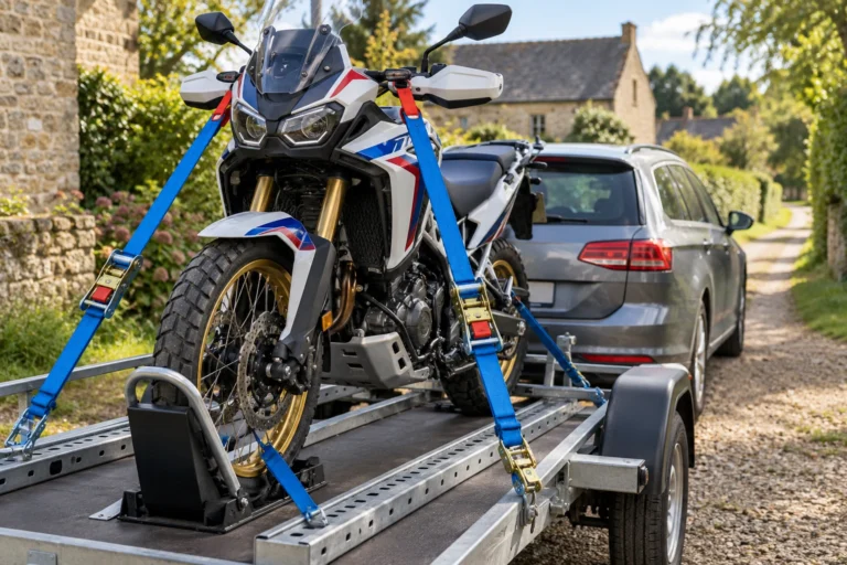 Moto trail sanglée sur une remorque avec quatre sangles à cliquet croisées, prête à être transportée